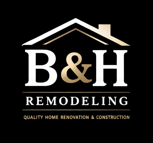 B&H Remodeling logo featuring bold white and gold lettering with a modern house roof outline above the initials on a dark background representing home renovation and construction services.