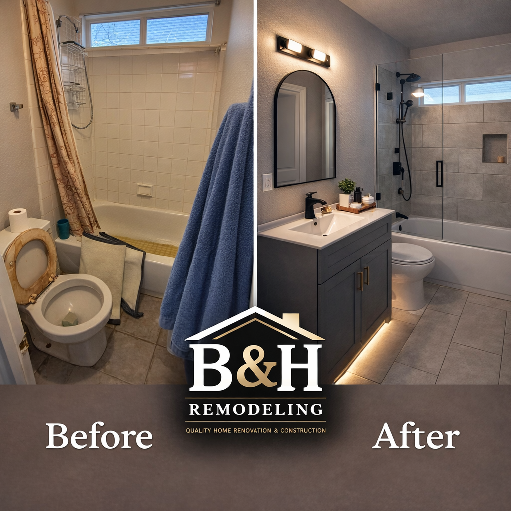 Bathroom remodel before and after in Austin TX showing new tile shower and updated fixtures by B&H Remodeling