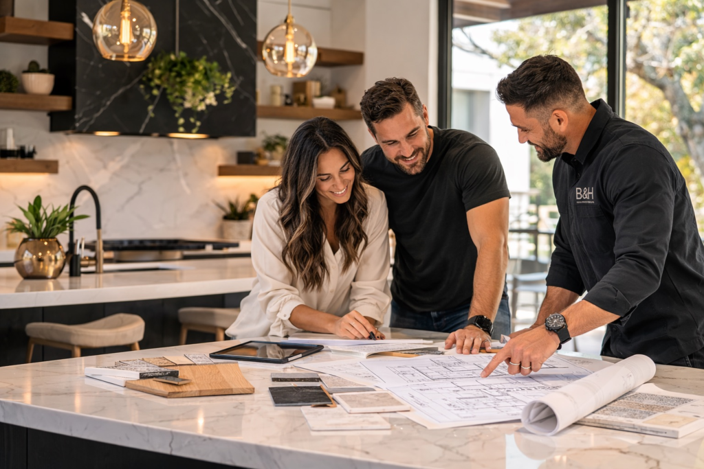 Contractor reviewing kitchen remodeling plans with homeowners in a modern renovated kitchen featuring a quartz island, wood cabinetry, and pendant lighting representing home remodeling services in Austin Texas.