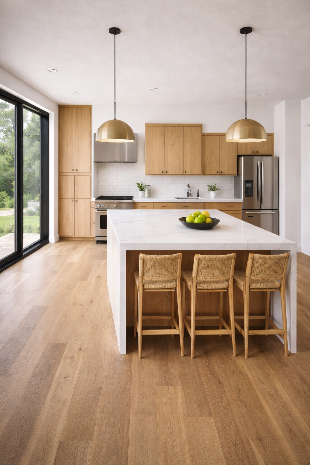 Modern Austin kitchen remodel with custom wood cabinets, large quartz island countertop, and stainless steel appliances