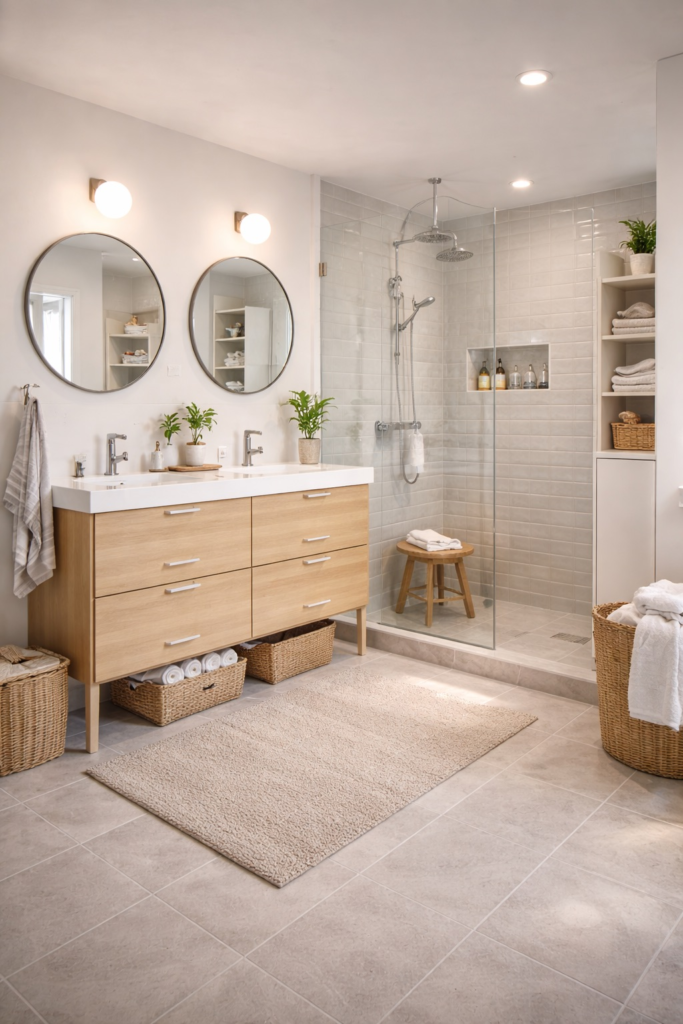 Modern IKEA style bathroom remodel with walk in glass shower, light wood vanity, and Scandinavian minimalist design