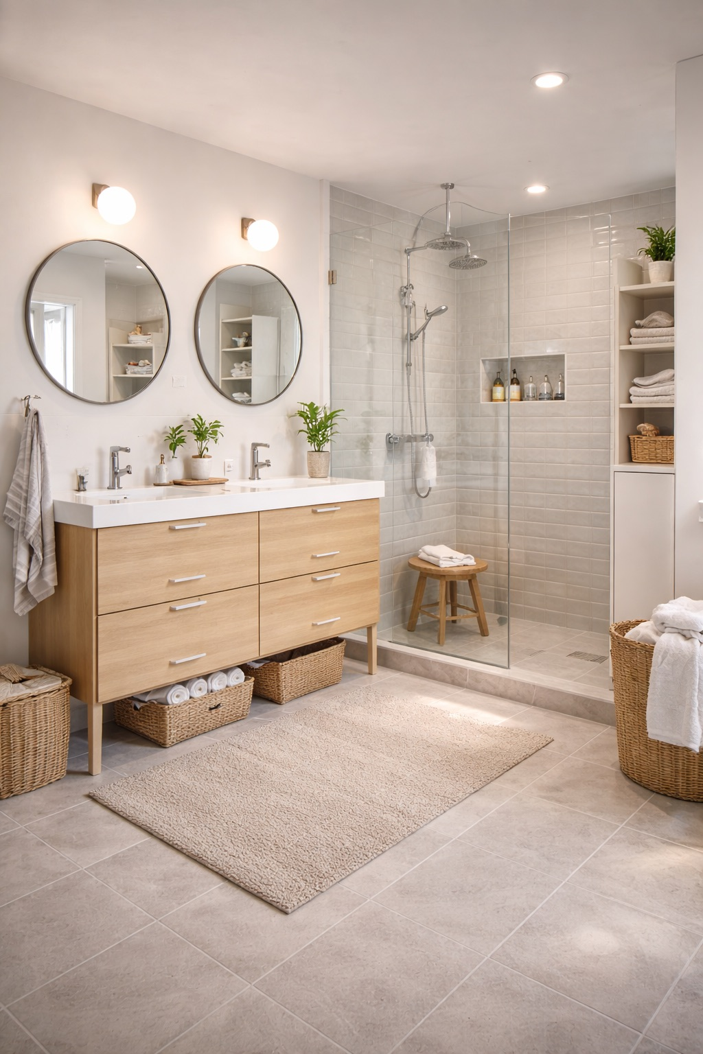 Master bathroom renovation in Round Rock with walk-in tile shower and double vanity by B&H Remodeling