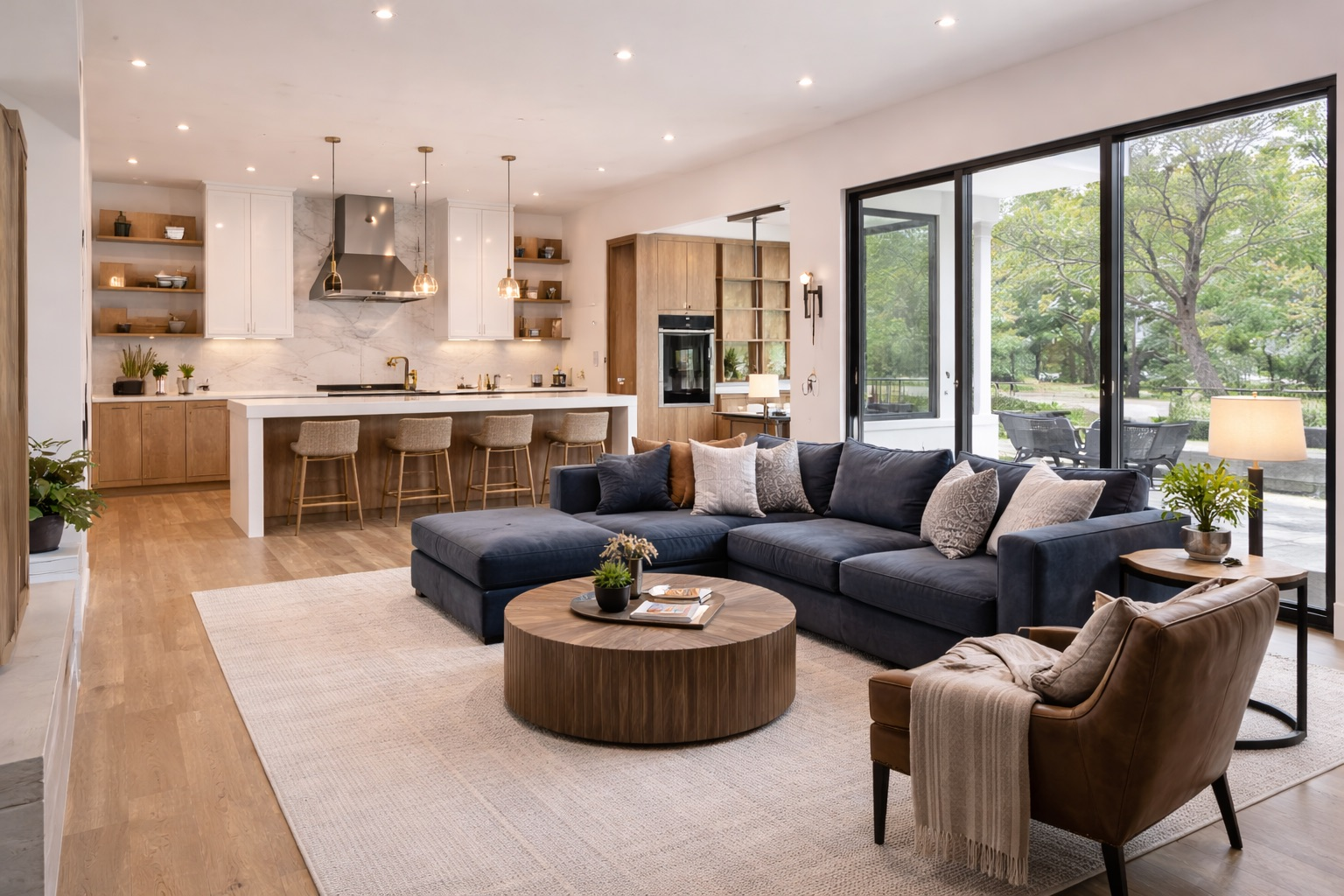 Open concept home remodeling in Cedar Park with hardwood flooring and modern kitchen by B&H Remodeling