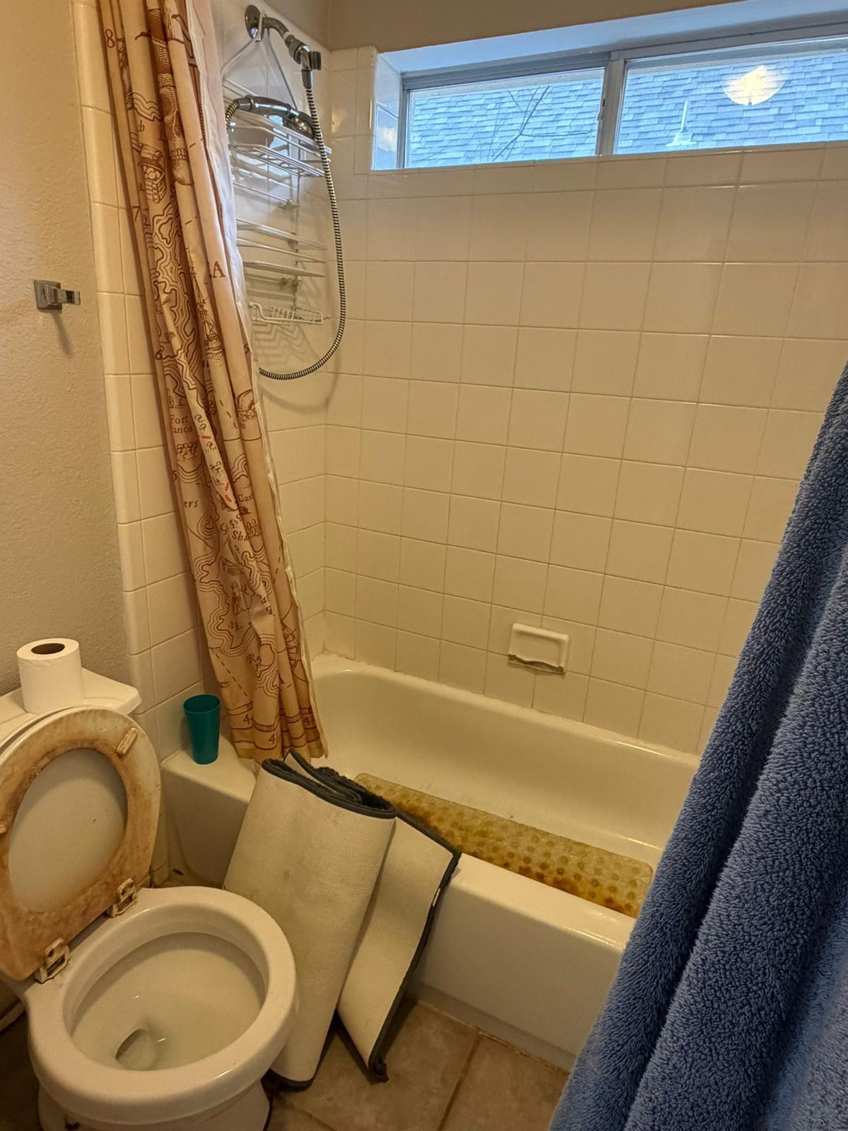 Master bathroom in Buda TX before remodel showing dated tub and finishes