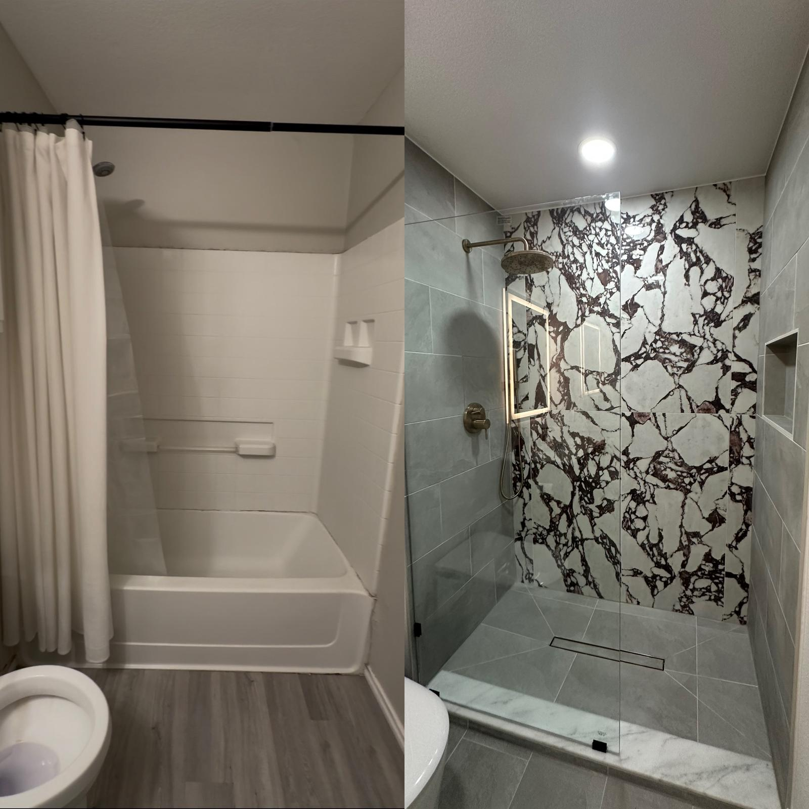 Before and after bathroom remodel in Hutto TX showing old bathtub replaced with frameless glass shower and marble look tile by B&H Remodeling