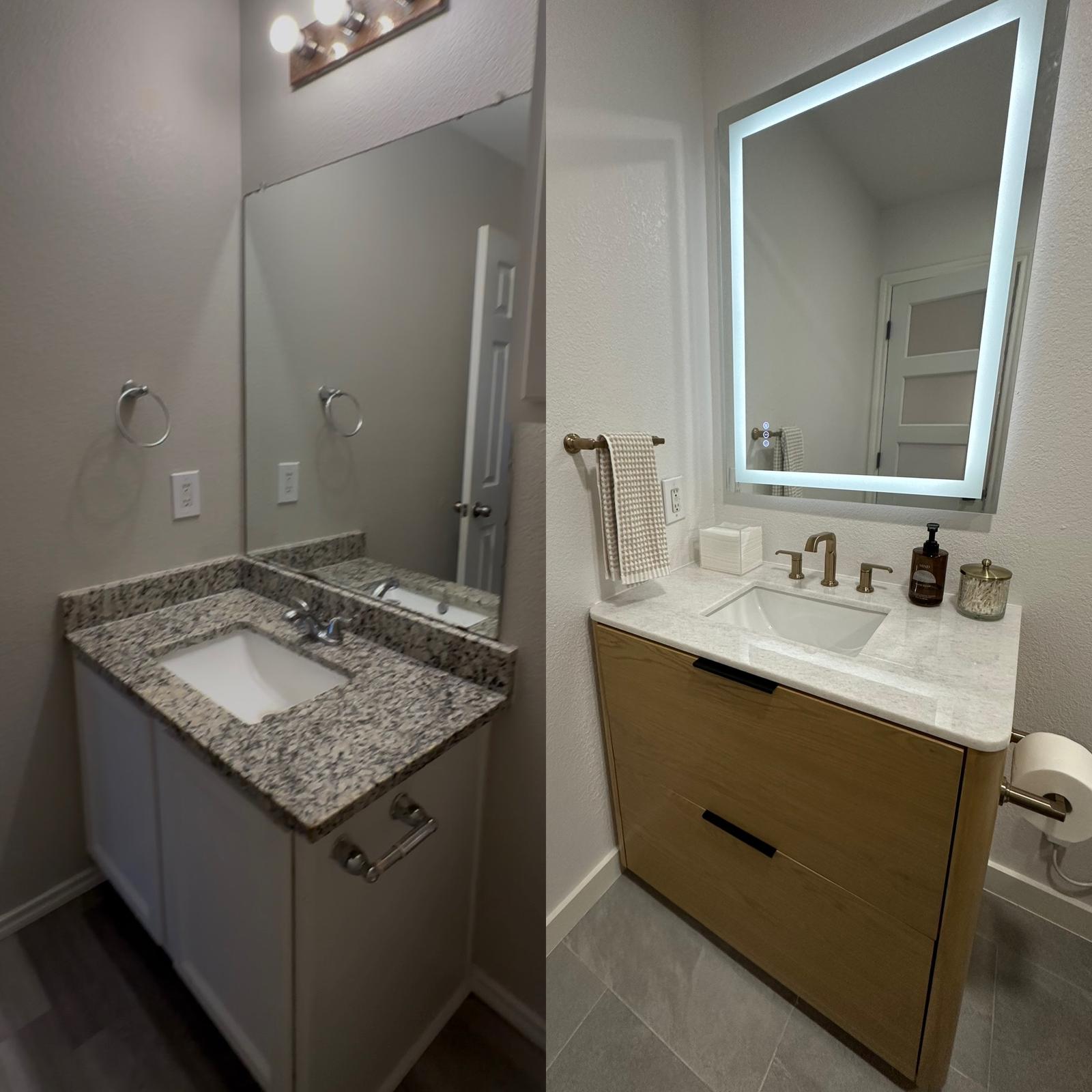 Before and after vanity upgrade in Hutto TX bathroom remodel with new vanity, gold faucet, and LED mirror by B&H Remodeling